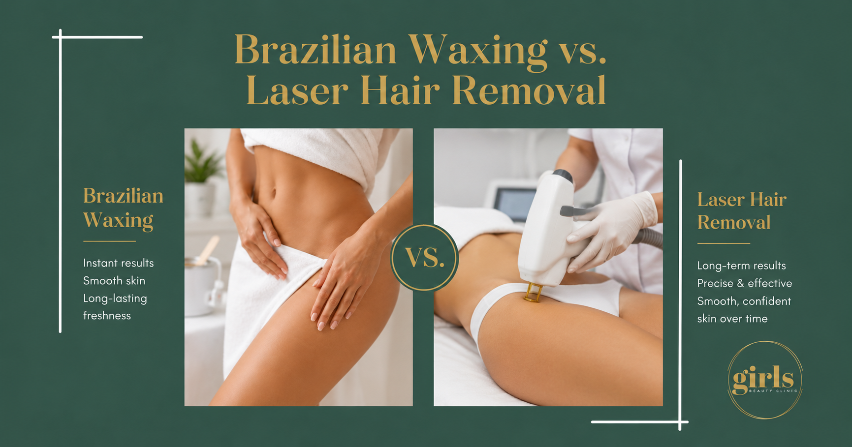 Brazilian Waxing vs. Laser Hair Removal ✨

Both can help you achieve smooth, confident skin — but they are not the same.

Brazilian waxing is a great option when you want immediate smoothness and a fresh feeling right away. Laser hair removal is ideal if your goal is long-term hair reduction over time.

At Girls Beauty Clinic in Toronto, we help you choose the best option for your skin, routine and beauty goals.

Book your appointment today. 💚
